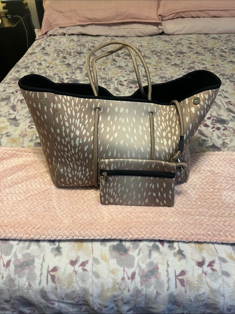 Taupe Spot Print Tote Bag with Matching Pouch - Women